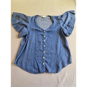 Chelsea & Theodore Chambray Top Women Small Blue Flutter Sleeve Tencel Button Up